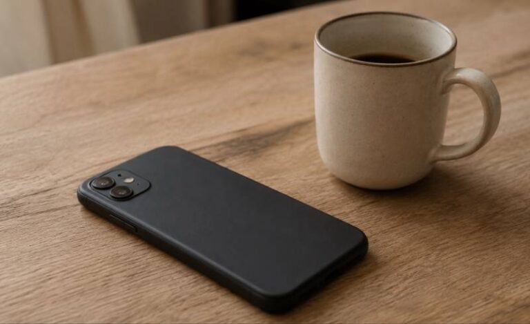Téléphone posé écran contre la table, à côté d'une tasse de café