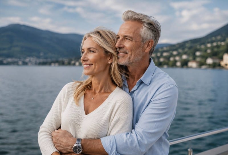 Couple au bord du lac Léman après une rencontre organisée par notre agence
